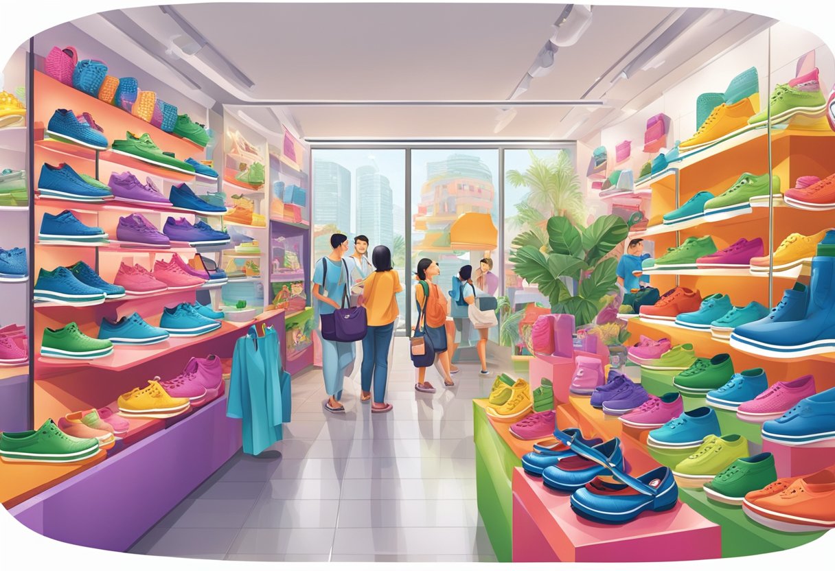 A vibrant Crocs shop in Singapore, with colorful displays and a bustling crowd browsing the latest footwear collections