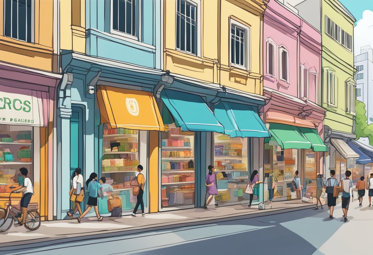 A bustling street in Singapore, with colorful storefronts and a prominent sign for a Crocs shop. Pedestrians pass by, some peering into the store's windows
