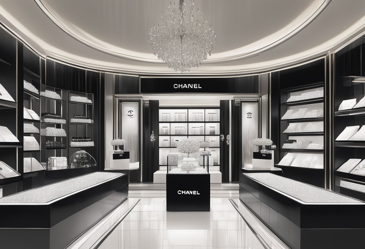 A luxurious display of Chanel earrings in a sleek Singapore boutique. Shimmering pearls and sparkling diamonds catch the light, set against a backdrop of elegant black and white branding