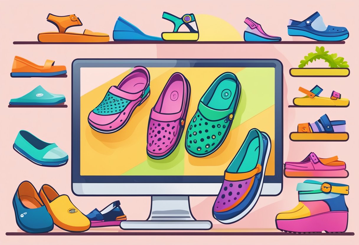 A computer screen displaying the Crocs online shop in Singapore, with various colorful shoe options and a simple, user-friendly interface