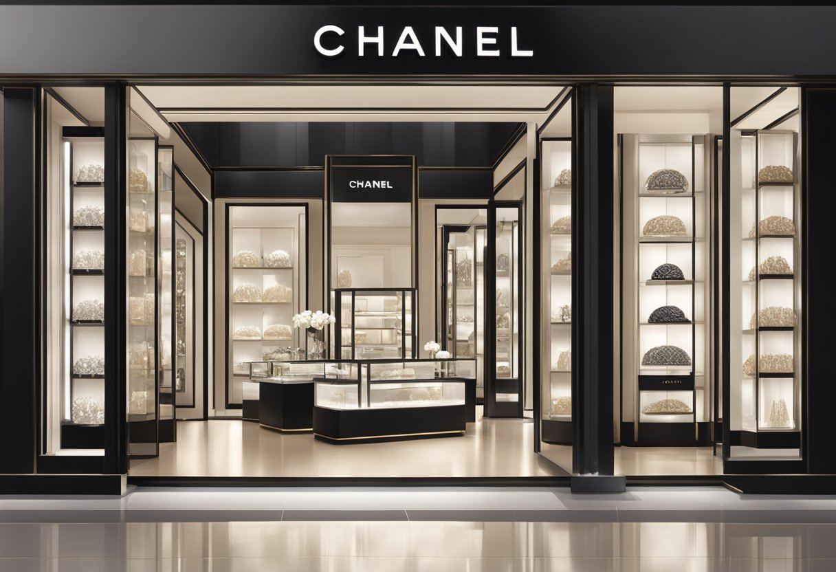 A display of Chanel earrings in a sleek, modern boutique in Singapore, with soft lighting highlighting the intricate designs and luxurious materials
