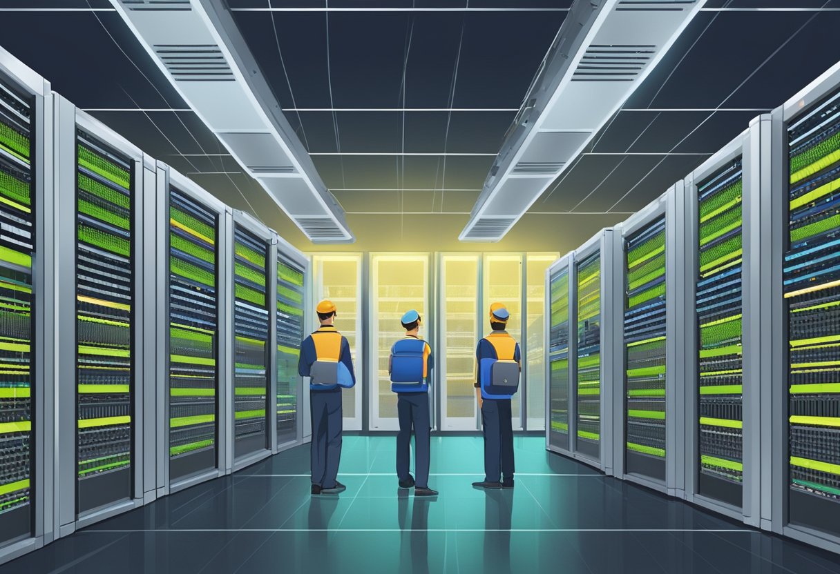 A bustling data center in Singapore, filled with rows of servers and flashing lights, with technicians monitoring and maintaining the equipment