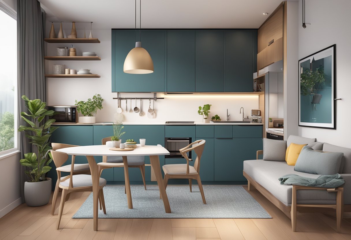 A cozy studio apartment in Singapore with a sleek, modern design, featuring a compact kitchen, a comfortable living area, and a small dining space