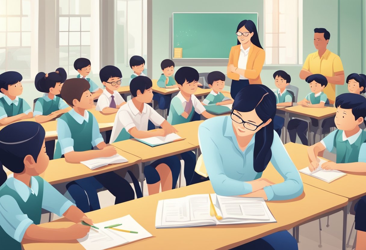 A teacher in Singapore receives salary queries from students and parents in a classroom setting