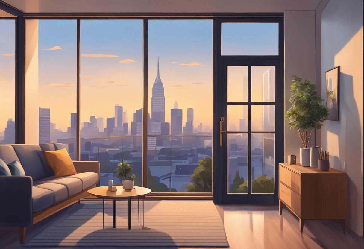 A person unlocks the door to a cozy, well-lit studio apartment with modern furnishings and a view of the city skyline