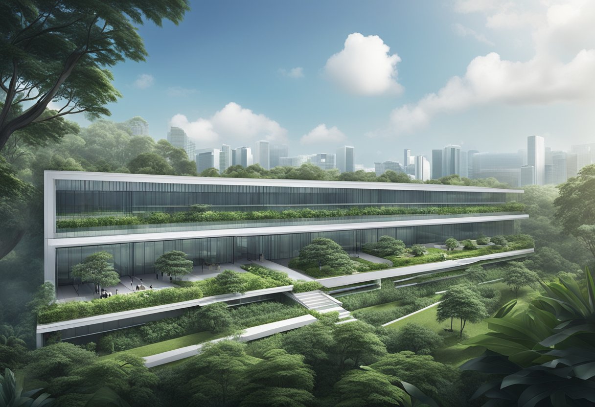 A sprawling data center in Singapore, with sleek, modern architecture and lush greenery surrounding the facility