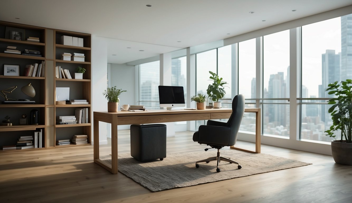 A sleek, modern desk with built-in storage and adjustable features. Bright, natural lighting and vibrant decor create an inviting and productive workspace