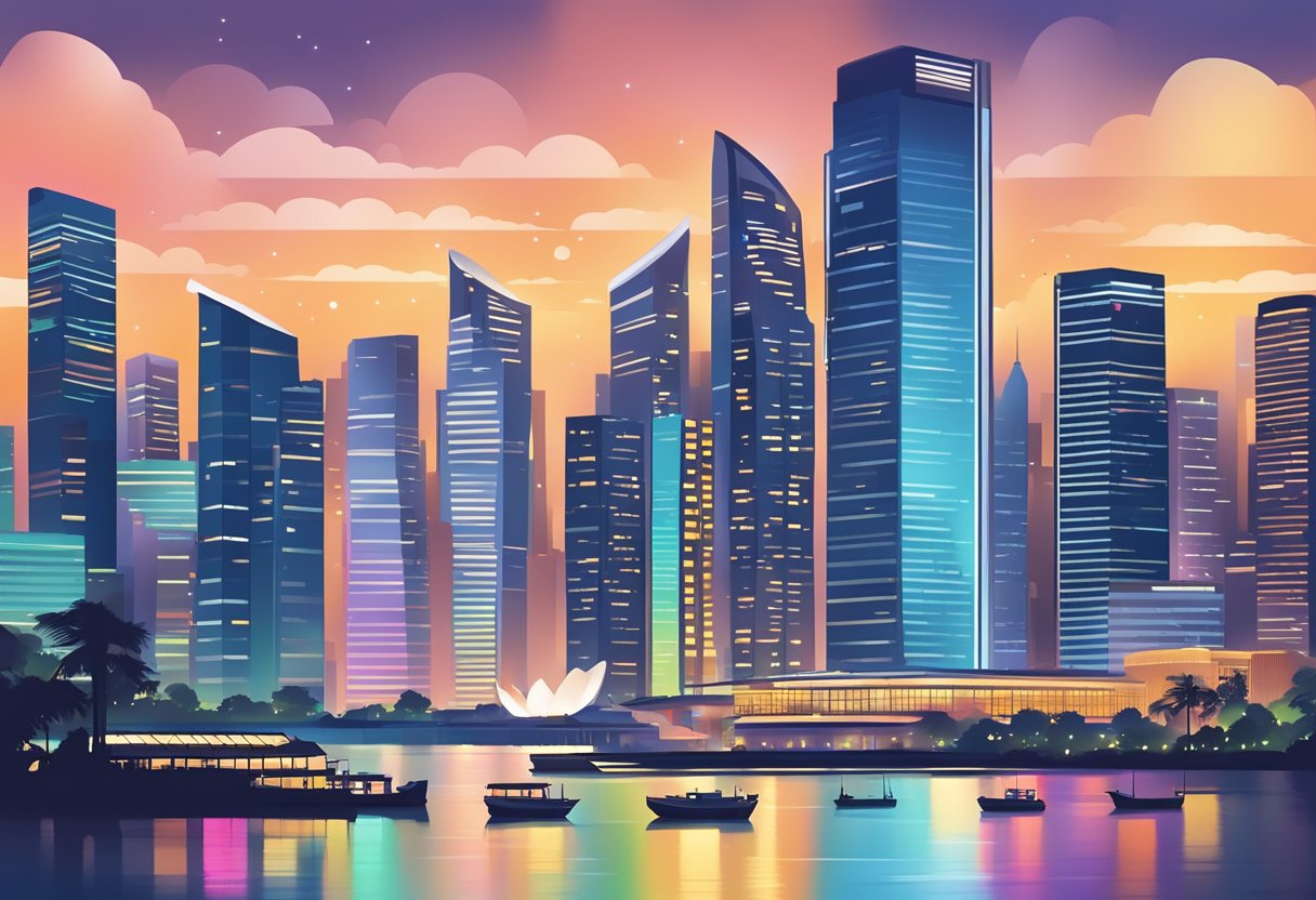 A bustling cityscape of modern buildings and vibrant lights, with the iconic silhouette of the Singapore skyline in the background