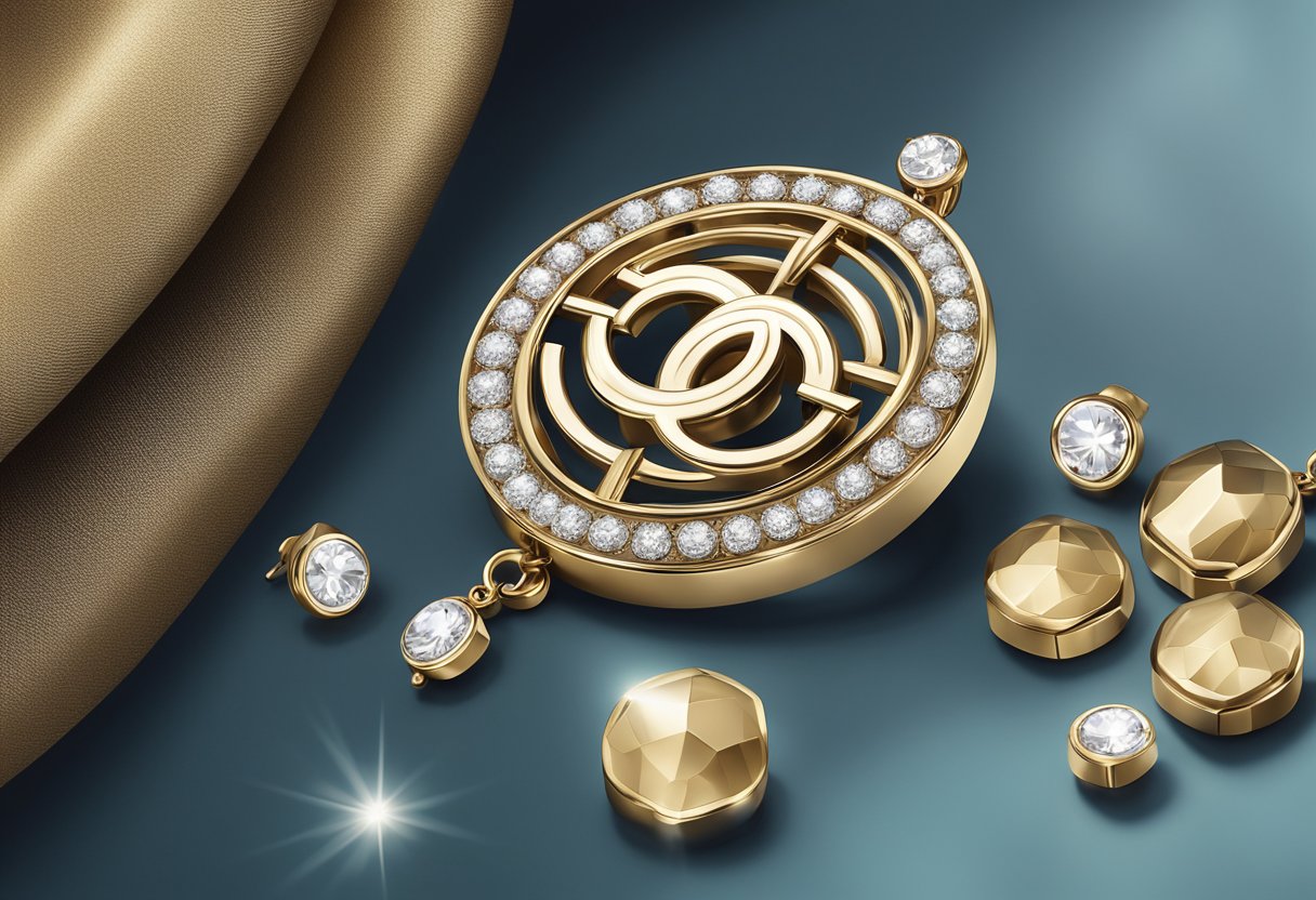 A close-up of a pair of Chanel earrings, resting on a luxurious velvet background, with soft lighting highlighting their intricate design