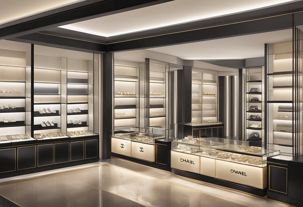 A display of elegant Chanel earrings in a luxurious Singapore boutique. Shimmering under soft lighting, the iconic double C logo catches the eye