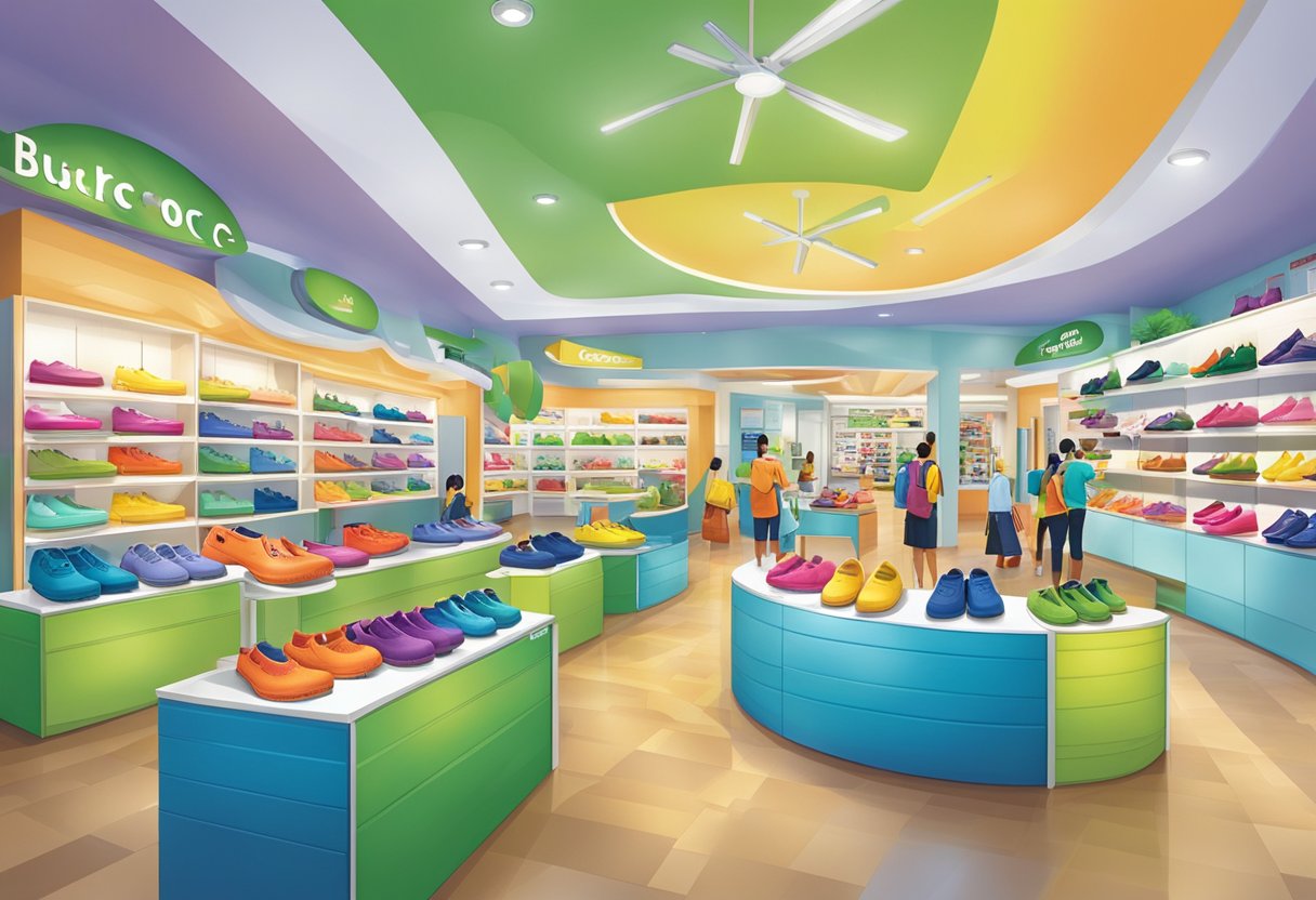The bustling Crocs shop in Singapore features a vibrant display of colorful footwear and a helpful customer service desk