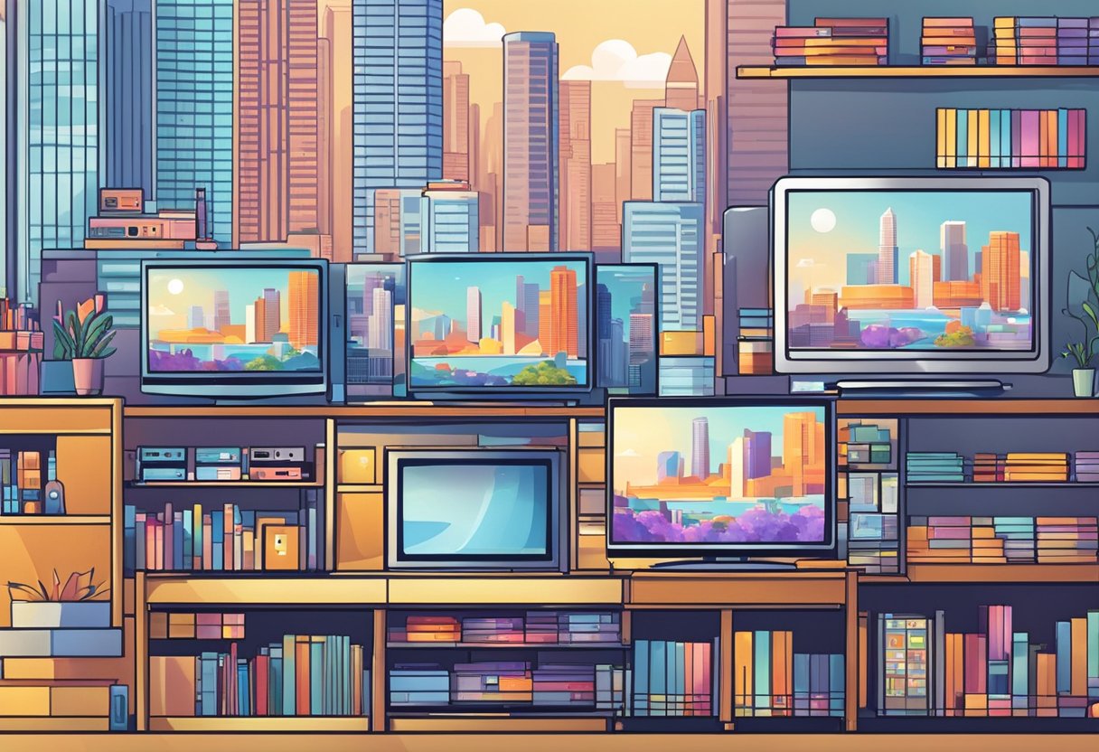 A vibrant cityscape with iconic Singapore landmarks in the background, showcasing TCL Televisions in various sizes and models on display in a modern electronics store