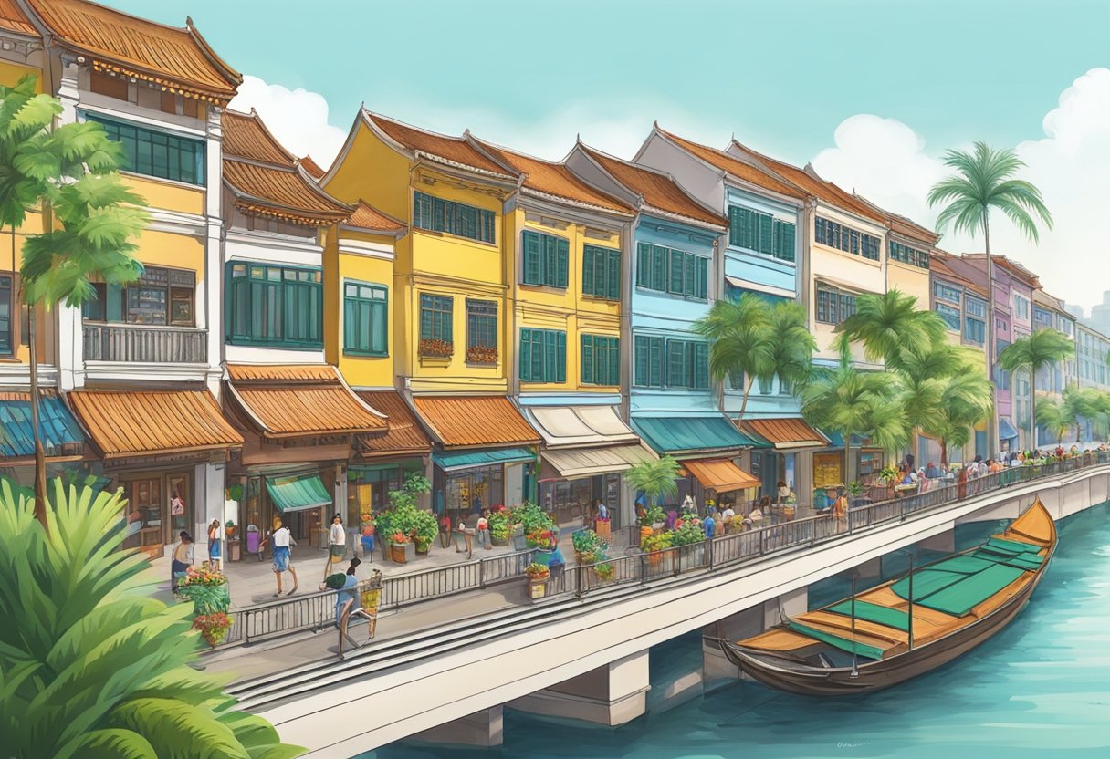 Liang Court, Singapore: A bustling riverside with colorful shophouses, palm trees, and a bridge over the Singapore River