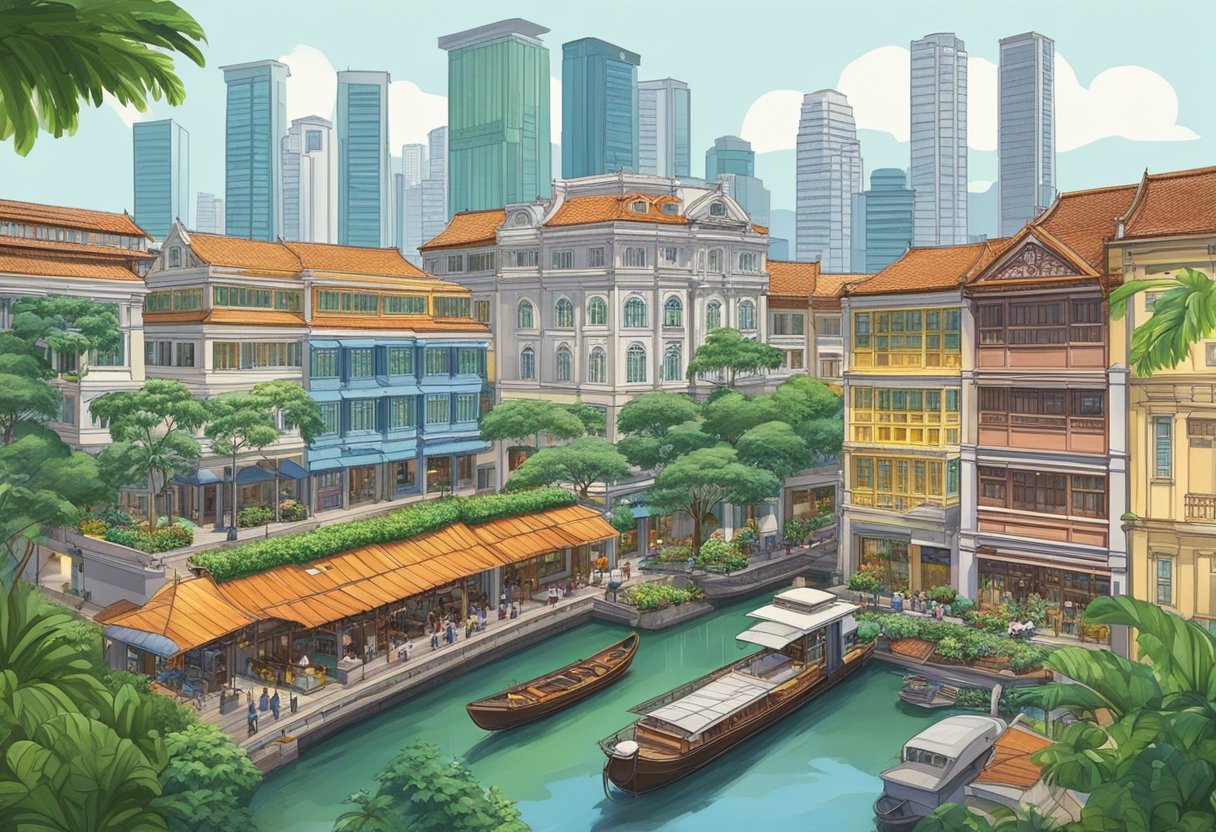 Liang Court, Singapore: A bustling riverfront with modern skyscrapers, historic shophouses, and lush greenery. Vibrant street life and diverse cultural influences evident in the architecture and people