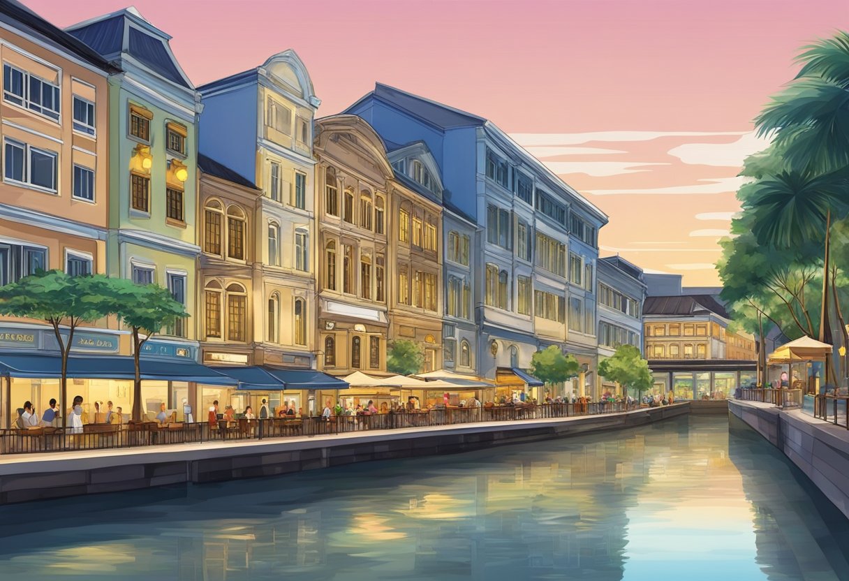 Eu Tong Sen Street, Clarke Quay Central, Singapore. Brightly lit buildings line the bustling street, reflecting in the calm waters of the Singapore River