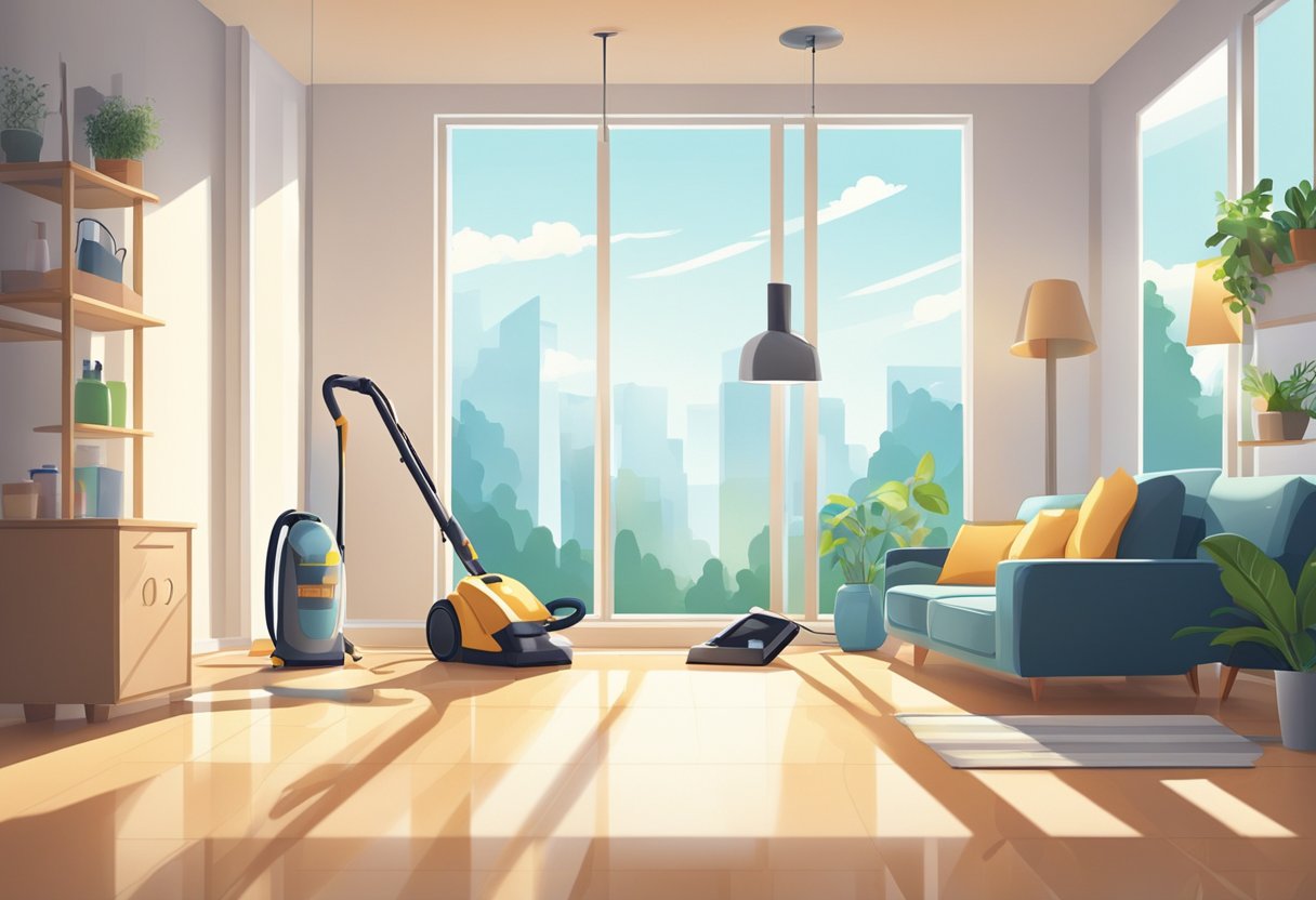 A tidy living room with a vacuum and cleaning supplies, sunlight streaming through the window onto the polished floors