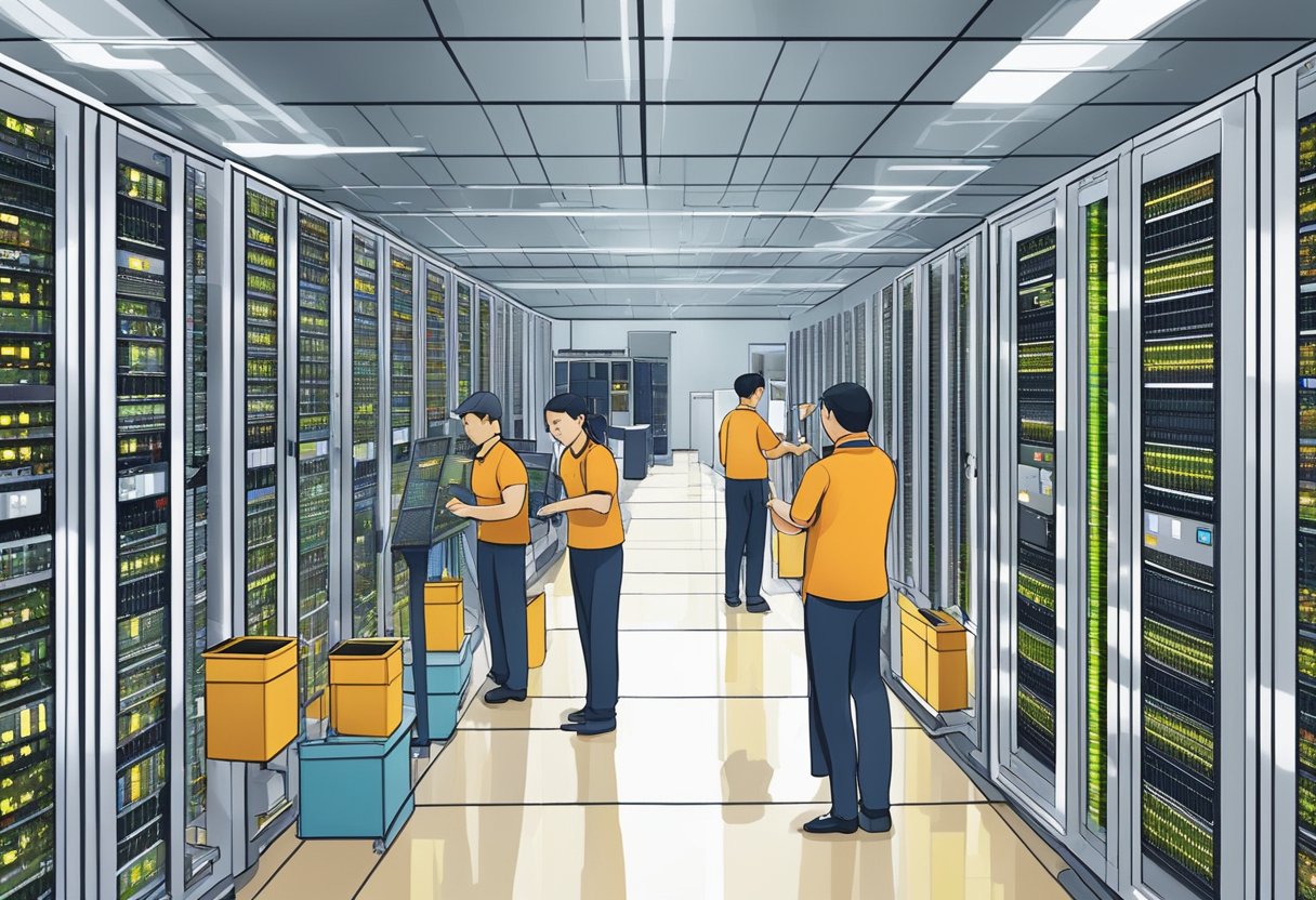 A bustling data center in Singapore, with rows of servers and technicians working diligently to maintain the facility