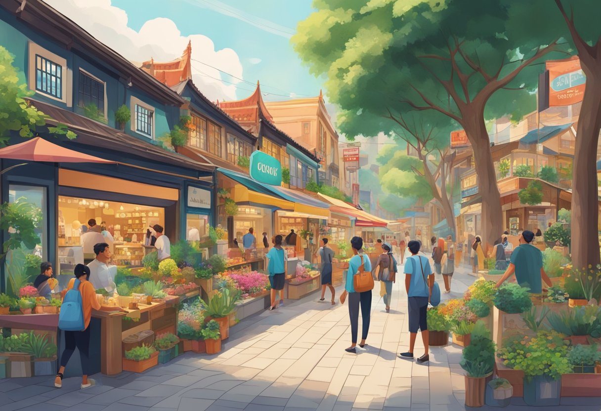People bustling in and out of shops, with colorful storefronts and signs. A mix of modern and traditional architecture, surrounded by lush greenery and a serene river