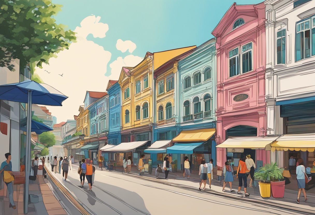 Pedestrians stroll past colorful shophouses on Eu Tong Sen Street, with the iconic Clarke Quay Central in the background