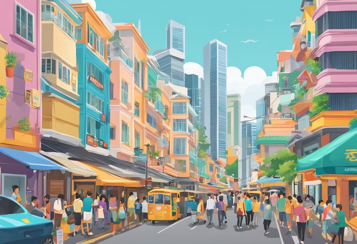 A bustling street in Singapore, with colorful buildings and vibrant signs, filled with people and bustling with activity