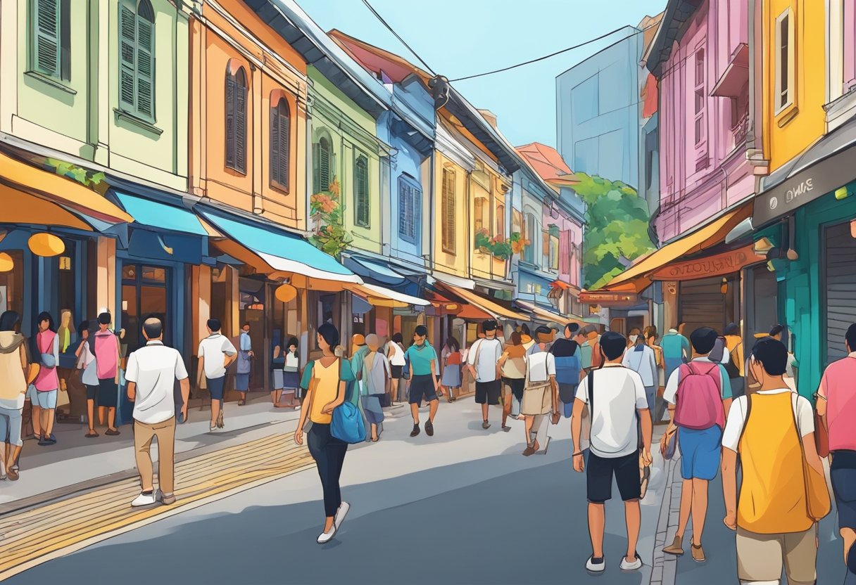 A bustling street in Singapore's Clarke Quay area, with colorful buildings and a vibrant atmosphere. Tourists and locals mingle, and the air is filled with the sounds of chatter and laughter