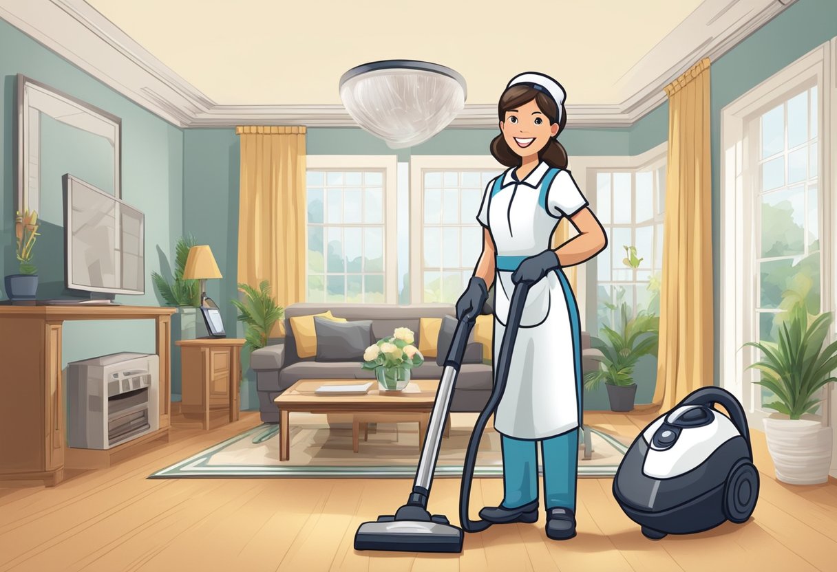 A tidy living room with a smiling maid holding a duster and a vacuum, ready to clean