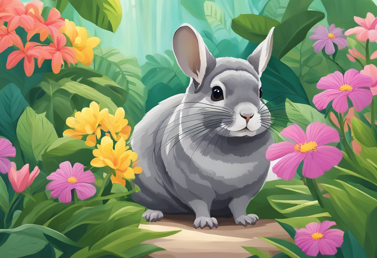 A chinchilla exploring a lush garden in Singapore, surrounded by vibrant flowers and lush greenery