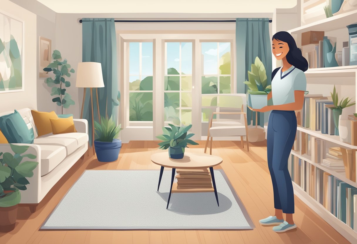 A neatly organized home with a freshly cleaned and tidied living space, with a smiling homeowner and satisfied maid in the background