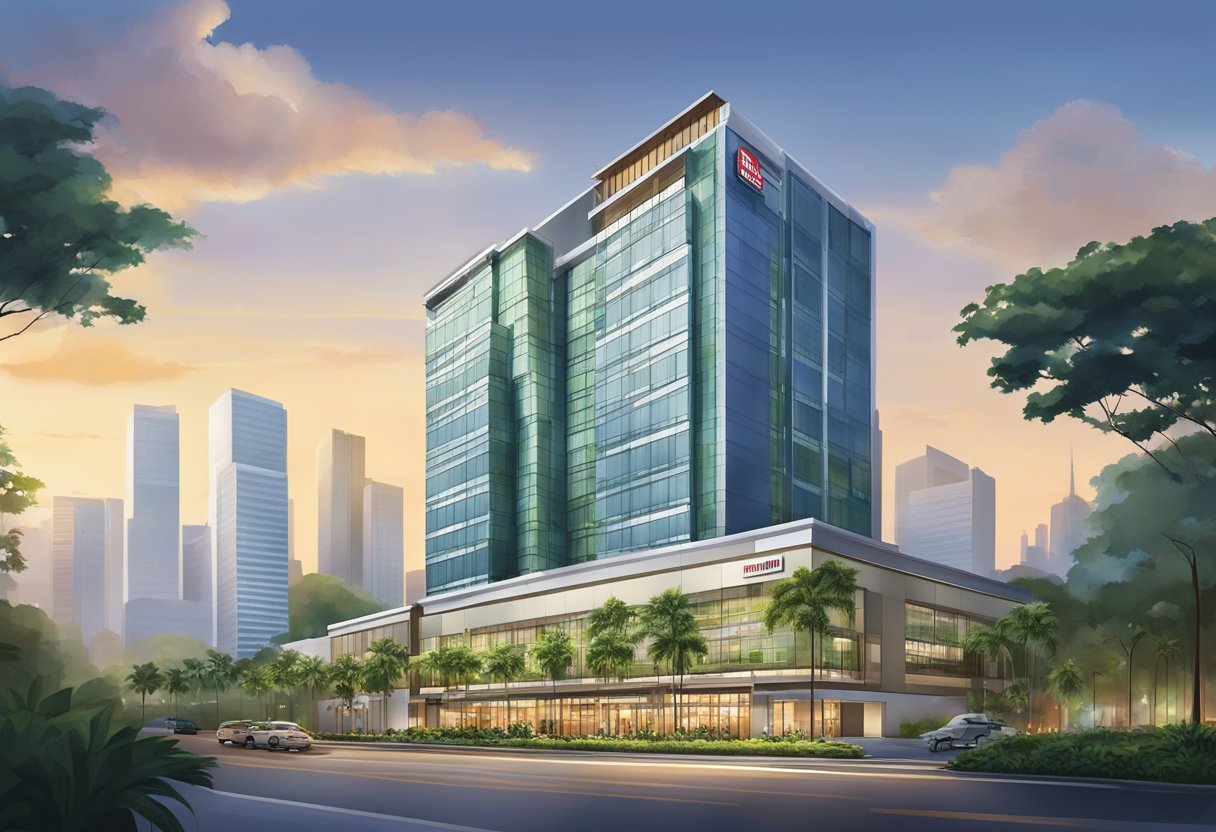 The Hilton Garden Inn Singapore, with its modern architecture and lush greenery, stands tall against the city skyline, surrounded by bustling streets and vibrant city life