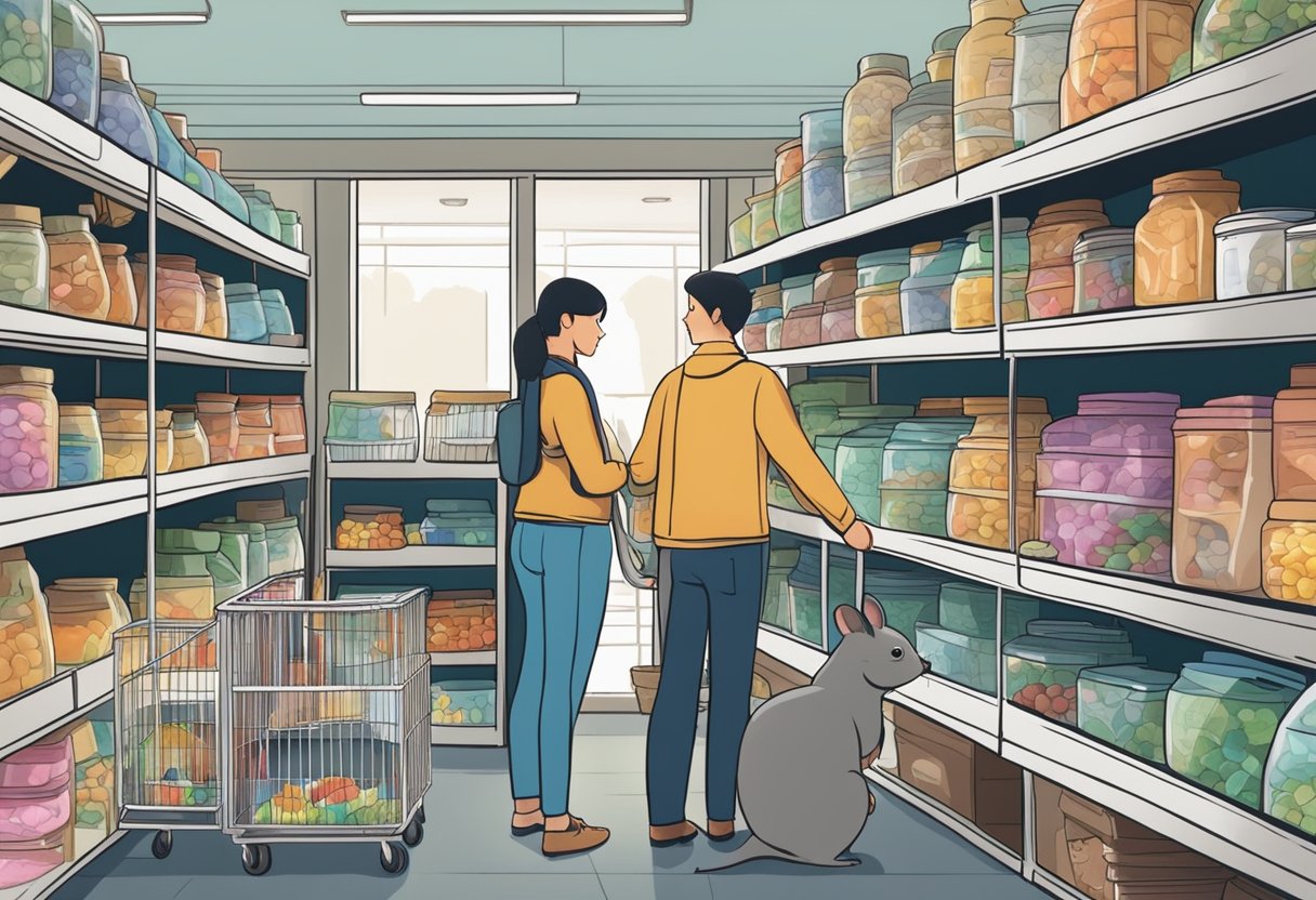 Chinchilla owners browsing shelves of supplies at a pet store, seeking advice from staff