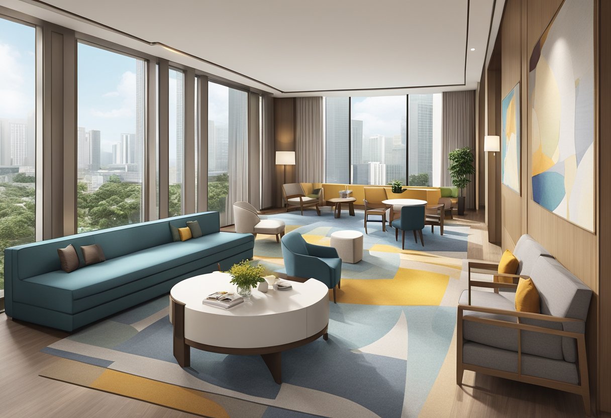 The Hilton Garden Inn Singapore is a modern hotel with a sleek and stylish design. The lobby features a spacious and inviting atmosphere with contemporary furnishings and a warm color palette. The large windows provide plenty of natural light, and the open layout creates a welcoming and