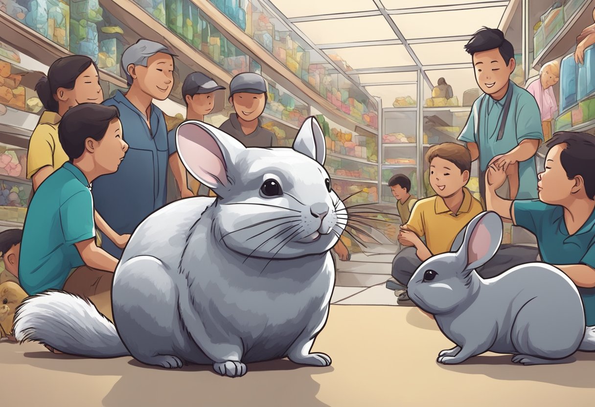 A chinchilla surrounded by curious onlookers at a pet store in Singapore