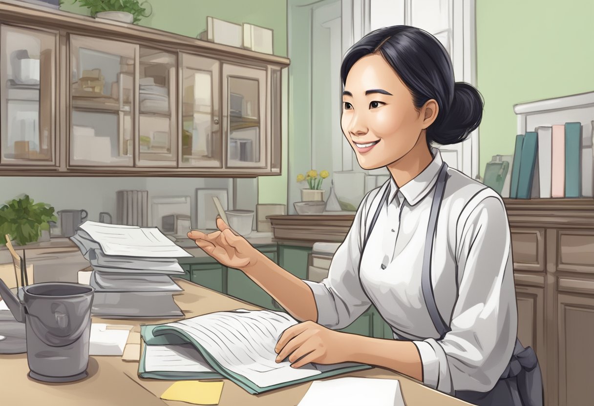 A maid in a Singaporean household answers questions from a list, with a friendly and helpful demeanor