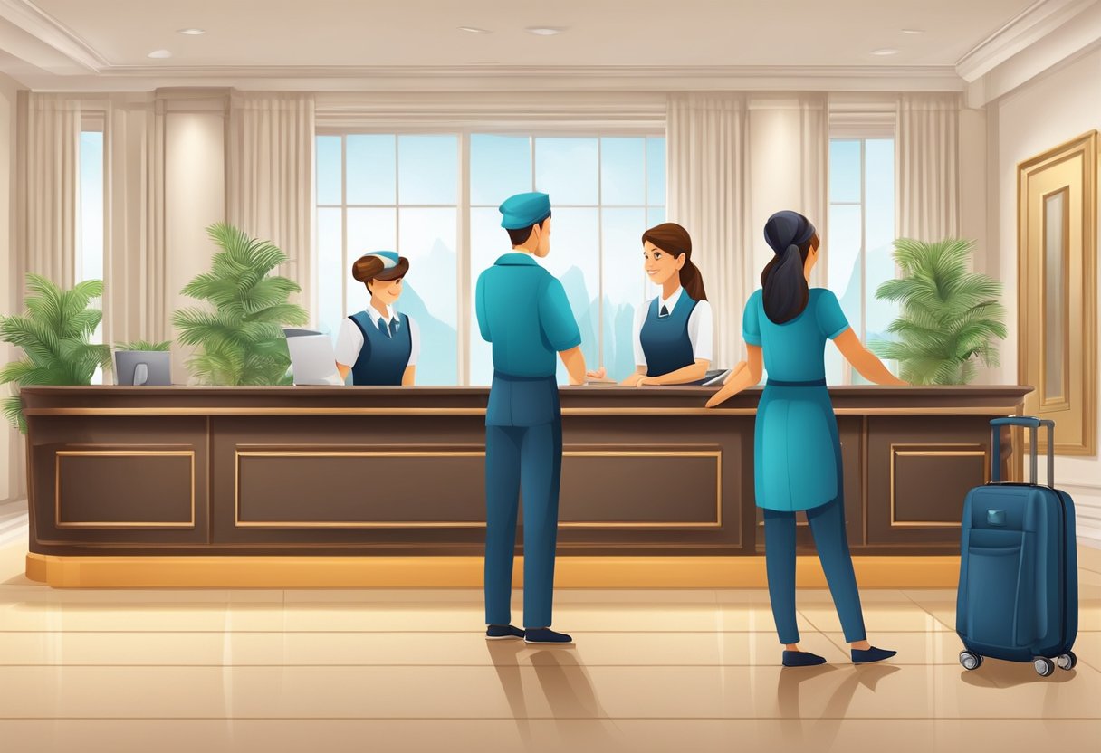 The front desk staff welcomes guests. A concierge assists with luggage. A housekeeper tends to the rooms. A maintenance worker checks the facilities