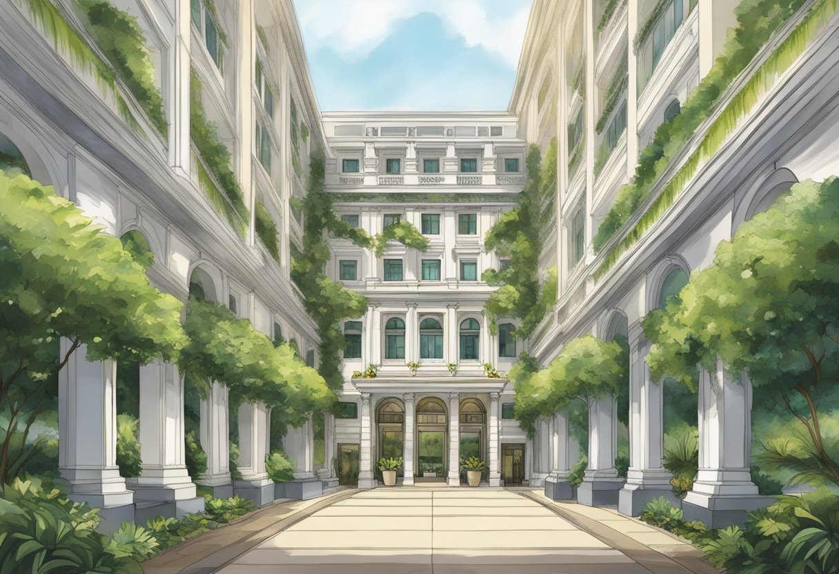 The iconic facade of Kempinski Singapore, with its grand entrance and lush greenery, sets the stage for a luxurious and elegant atmosphere