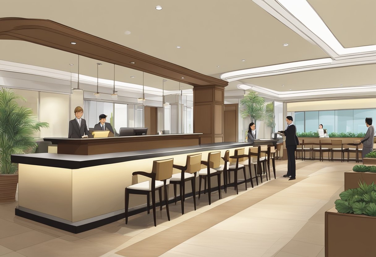 The Hilton Garden Inn Singapore lobby bustles with guests asking questions at the front desk and staff providing assistance. The modern decor and comfortable seating create a welcoming atmosphere