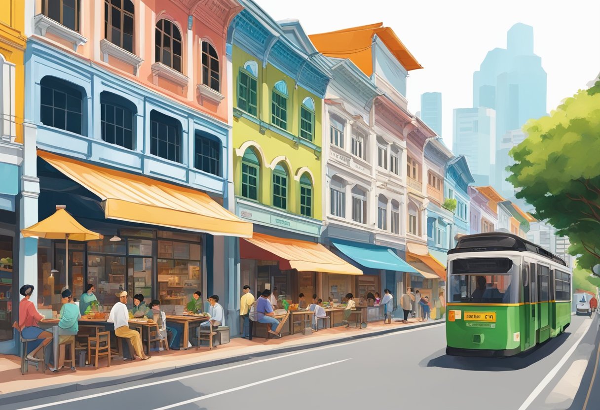 A bustling street lined with historic buildings, colorful shopfronts, and vibrant street art, capturing the rich heritage of MGS Singapore