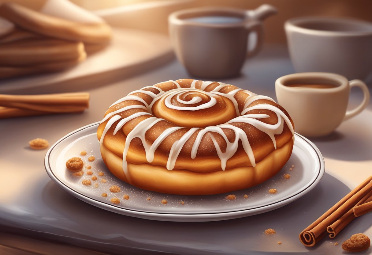 A warm, freshly baked cinnamon bun sits on a plate, surrounded by a sprinkle of cinnamon and sugar. The aroma of sweet, buttery dough fills the air