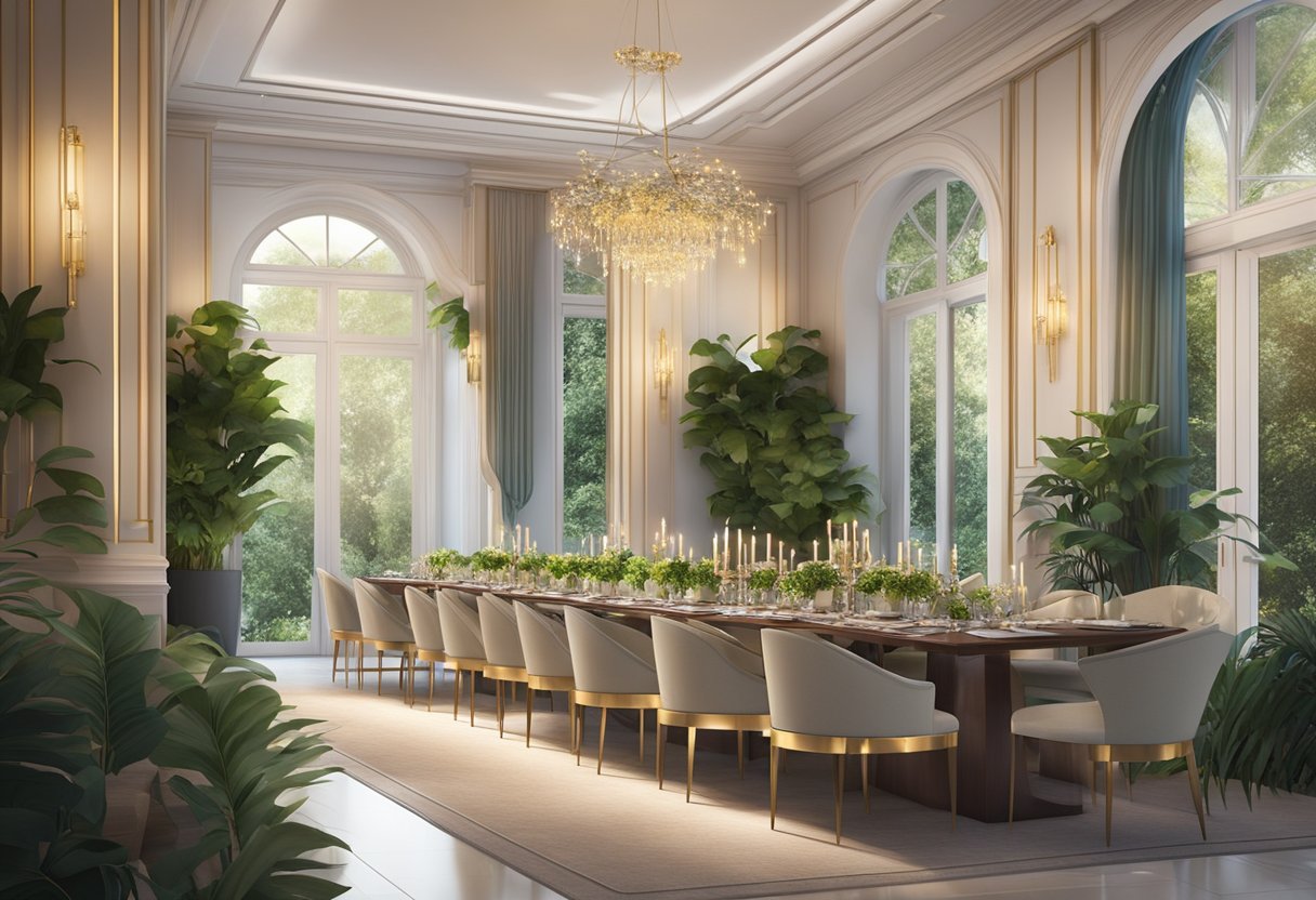 A luxurious dining area with elegant decor and comfortable seating, surrounded by lush greenery and soft ambient lighting