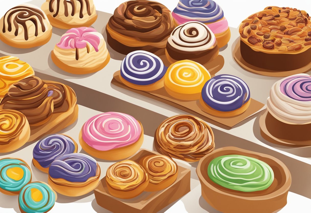 A table displays a colorful array of cinnamon buns in a Singapore bakery, showcasing various flavors and toppings