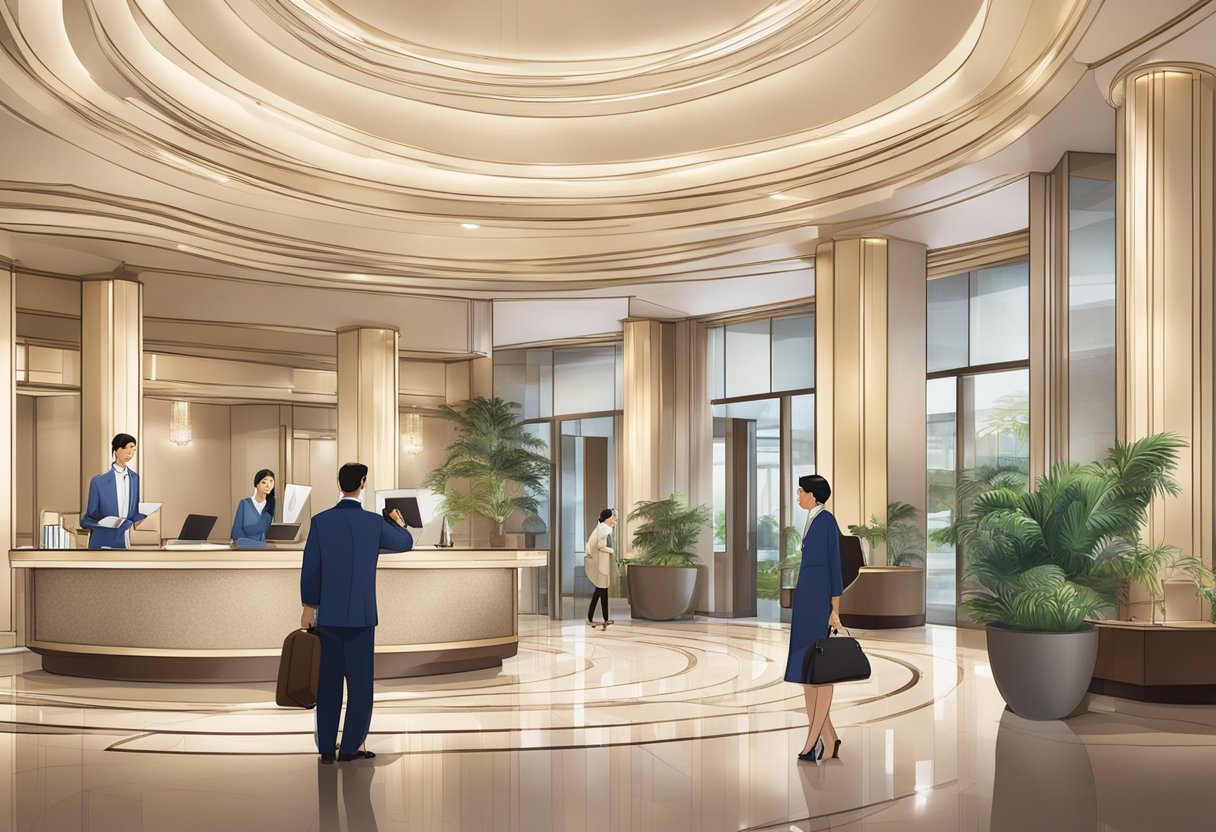 A bustling hotel lobby with a sign reading "Frequently Asked Questions Kempinski Singapore" and a concierge desk with staff assisting guests