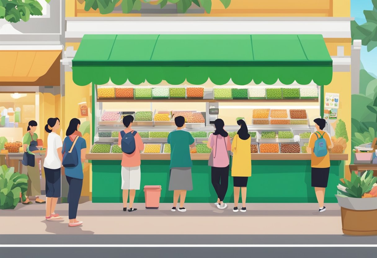 A bustling llao llao shop in Singapore, with colorful toppings and a line of customers