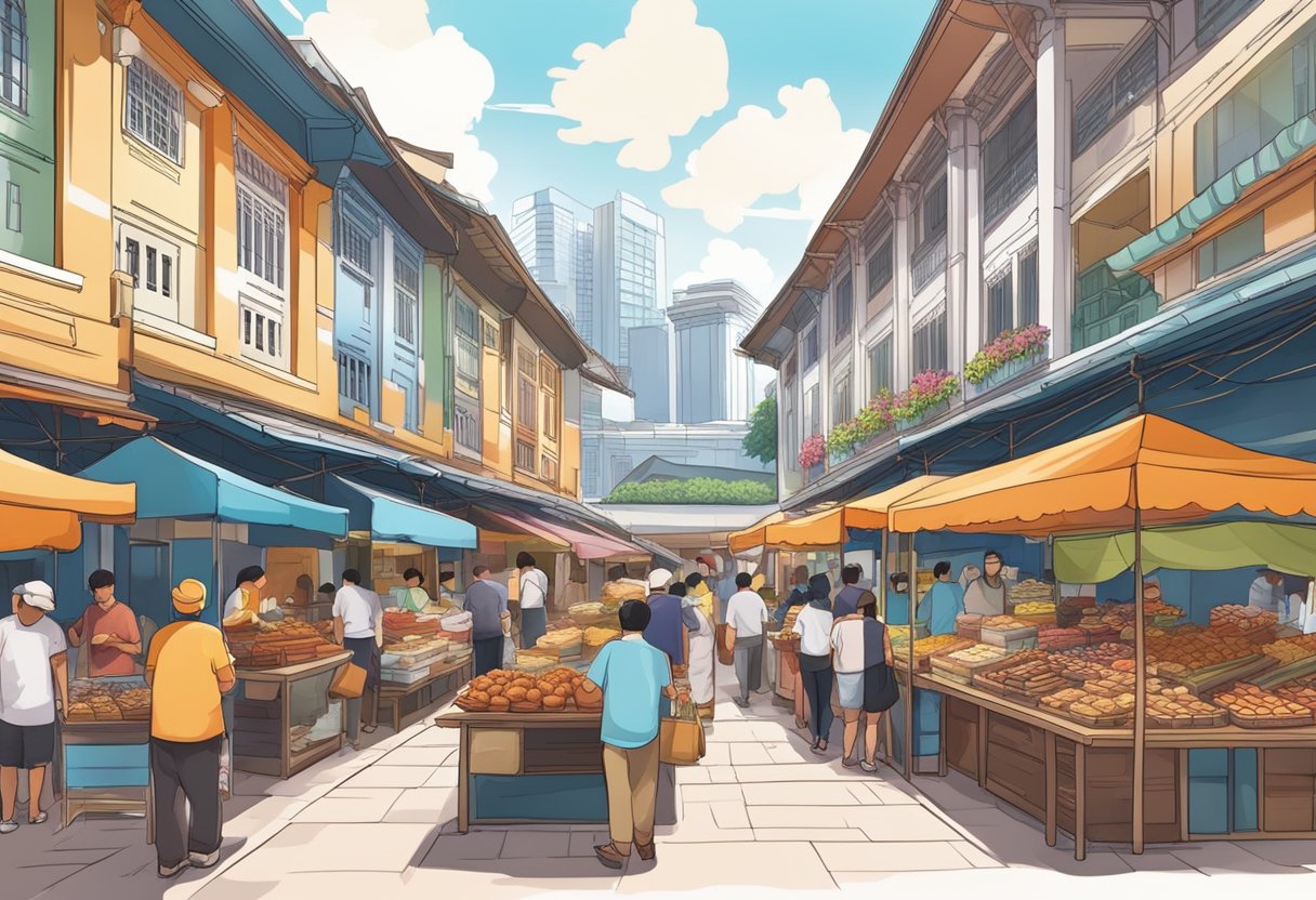 A bustling Singapore marketplace with colorful stalls selling cinnamon buns. A mix of modern and traditional architecture surrounds the vendors