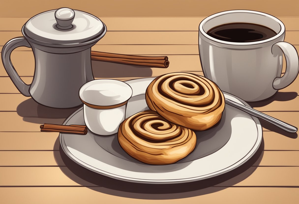 A table with a plate of warm, golden-brown cinnamon buns, a cup of steaming coffee, and a small jar of cinnamon powder