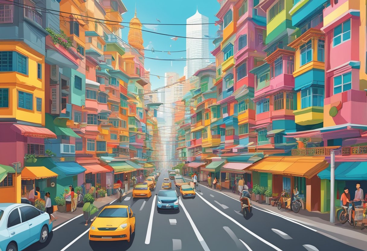 A bustling street in Singapore with vibrant colors and intricate geometric patterns of yantras adorning the walls and buildings