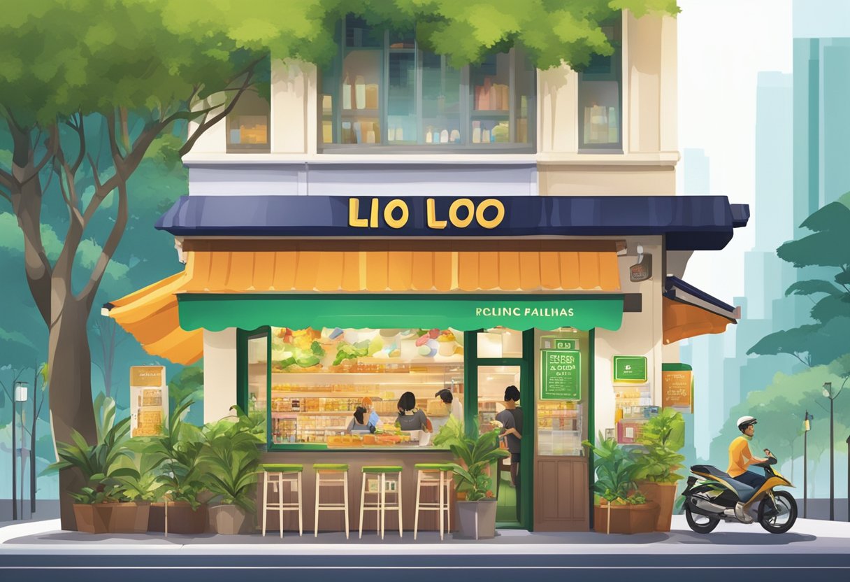 A vibrant llao llao store stands out among bustling streets in Singapore, with a colorful sign and inviting outdoor seating