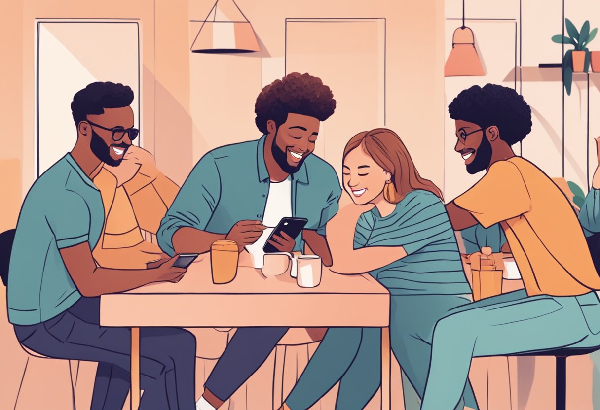 A group of people gathered around a table, swiping through the Tinder app on their smartphones, chatting and laughing