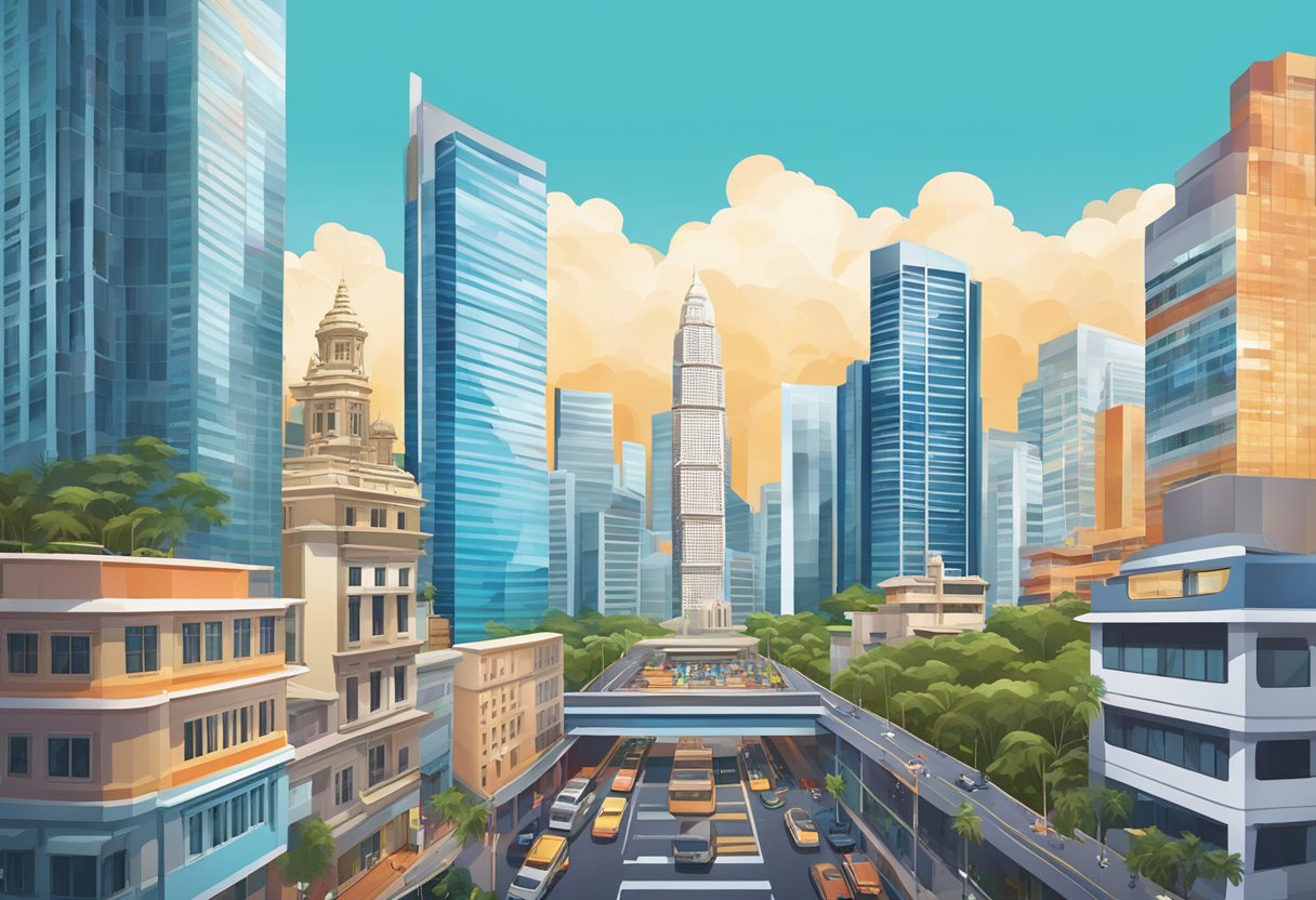 A vibrant cityscape with the iconic Yantra Singapore building standing tall against the skyline, surrounded by bustling streets and modern architecture