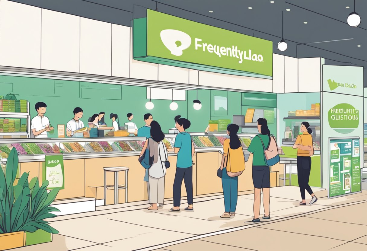 Customers line up at llao llao singapore, reading a sign that says "Frequently Asked Questions." The store is brightly lit with a modern, clean interior