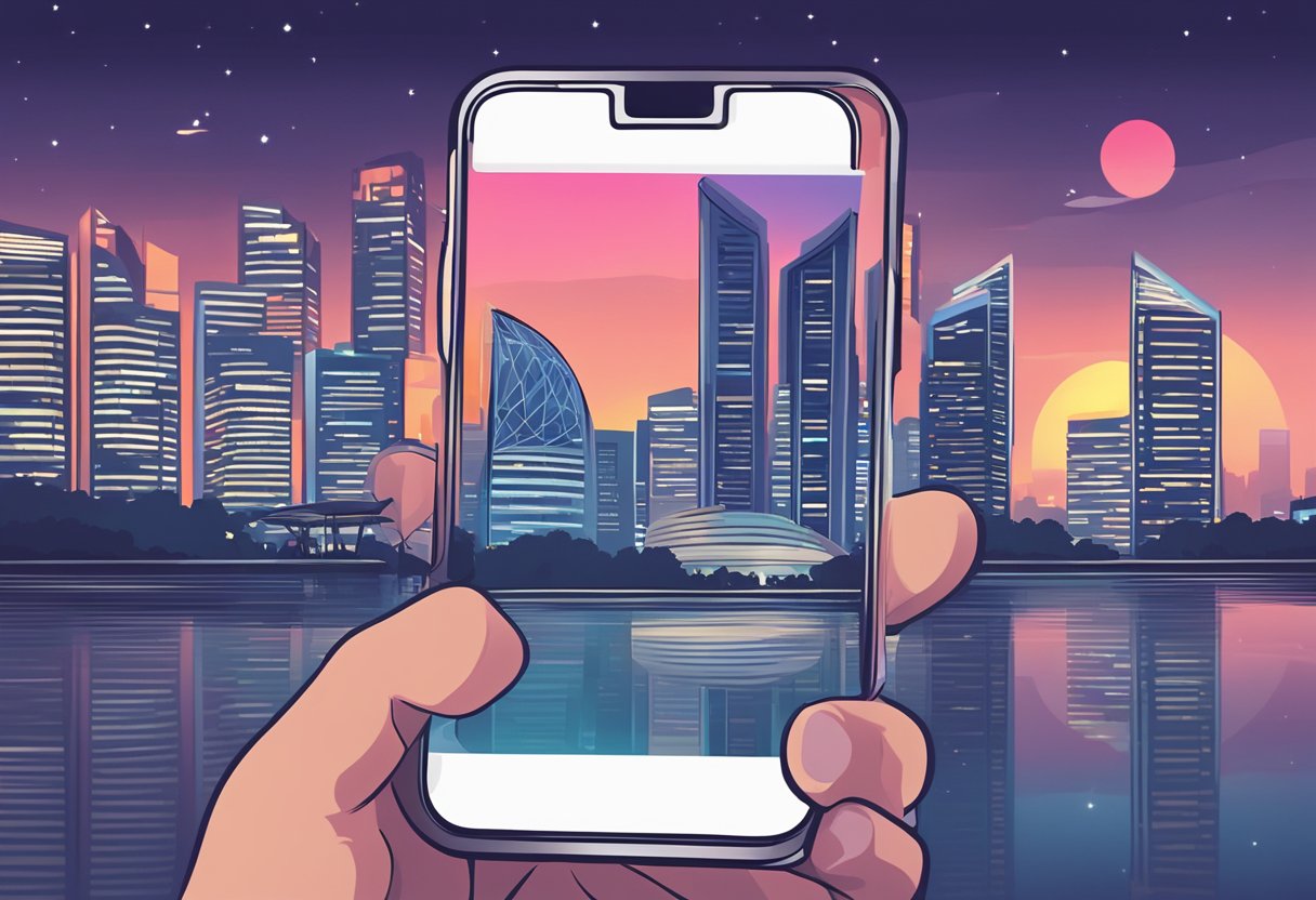 A smartphone with the Tinder app open, set against the backdrop of the Singapore skyline at night